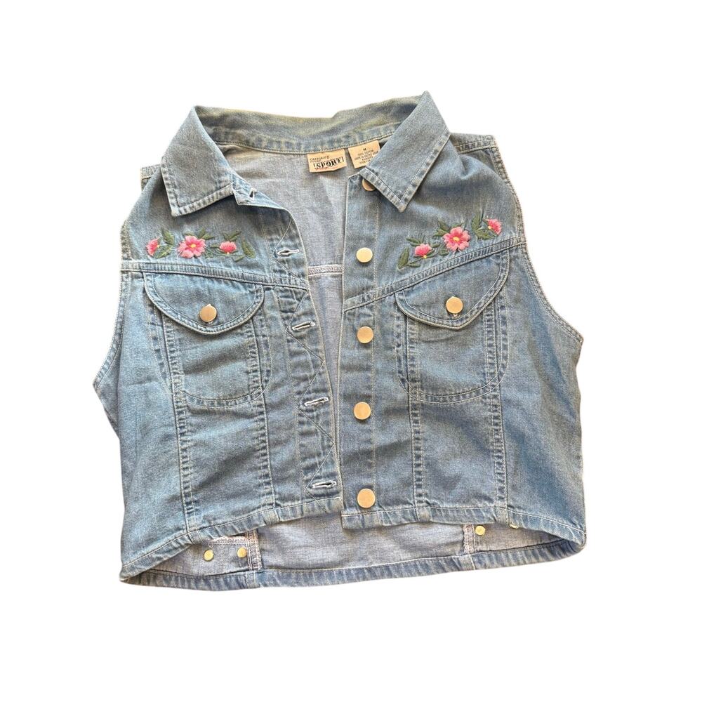 Carriage Court Sport Blue Jean‎ denim vest with embroidered flowers floral